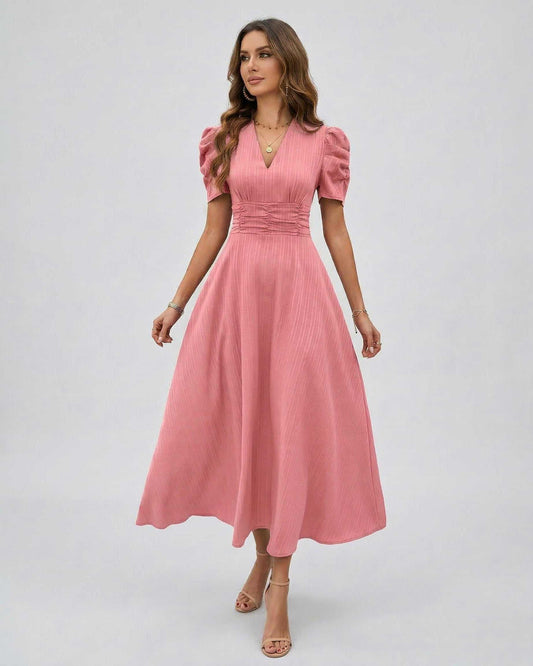 Elara Midi Dress in soft pink with flattering V-neckline, puffed sleeves, and cinched waist by Lauven for elegant occasions.