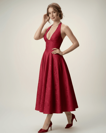 Elara Midi Dress by Lauven, elegant midi dress with halter neckline and A-line silhouette, perfect for sophisticated occasions.
