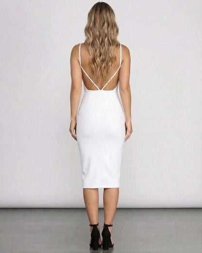 Elara Midi Dress – Back view of a white bodycon midi dress with open back, elegant silhouette from Lauven.