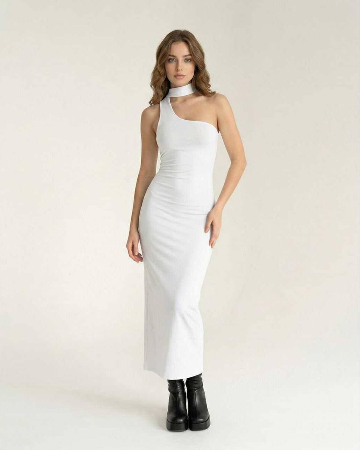 Elara Midi Dress - White Sculpted Bodycon with Halter Neck, featuring soft stretch fabric for a smooth silhouette by Lauven.