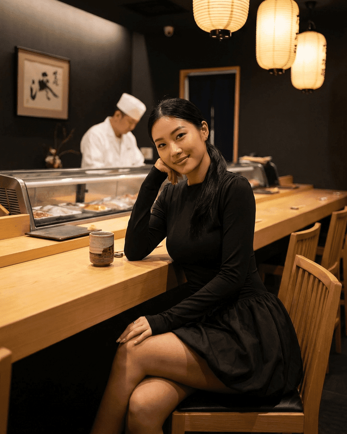 Elara Mini Dress by Lauven worn by a woman sitting at a sushi bar, featuring long sleeves and a tiered skirt.