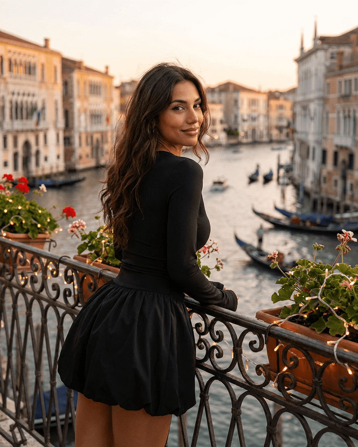 Elara Mini Dress by Lauven worn by a woman standing by a canal, showcasing a beautiful sunset.