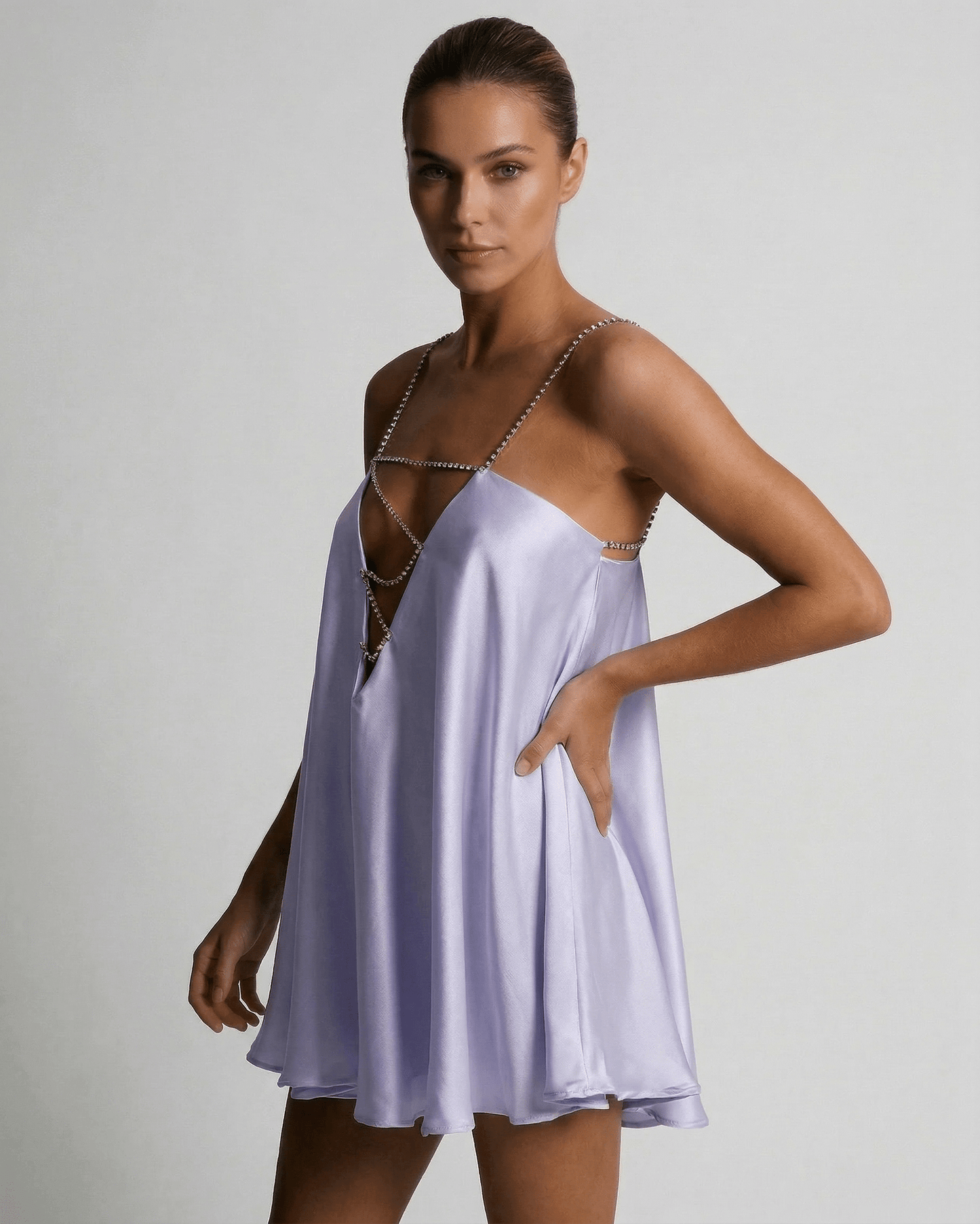 Elara Mini Dress by Lauven - Satin A-Line mini dress with rhinestone spaghetti straps in lavender.