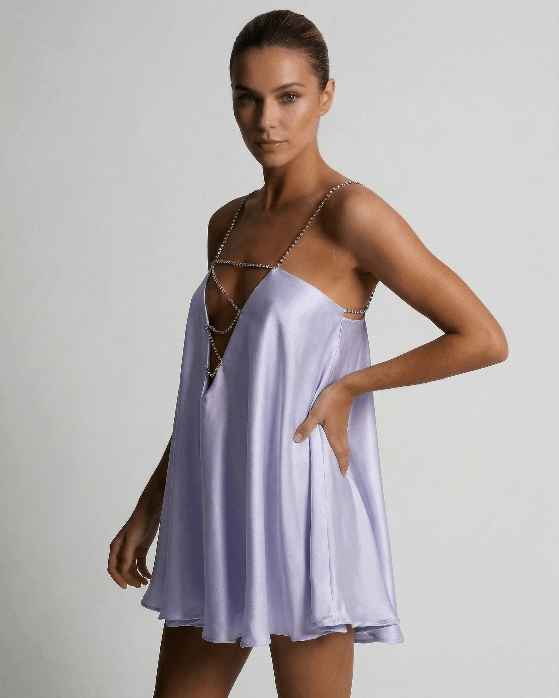 Elara Mini Dress by Lauven - Satin A-Line mini dress with rhinestone spaghetti straps in lavender.