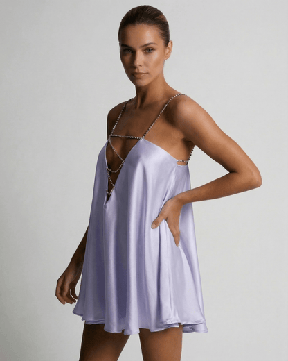 Elara Mini Dress by Lauven - Satin A-Line mini dress with rhinestone spaghetti straps in lavender.