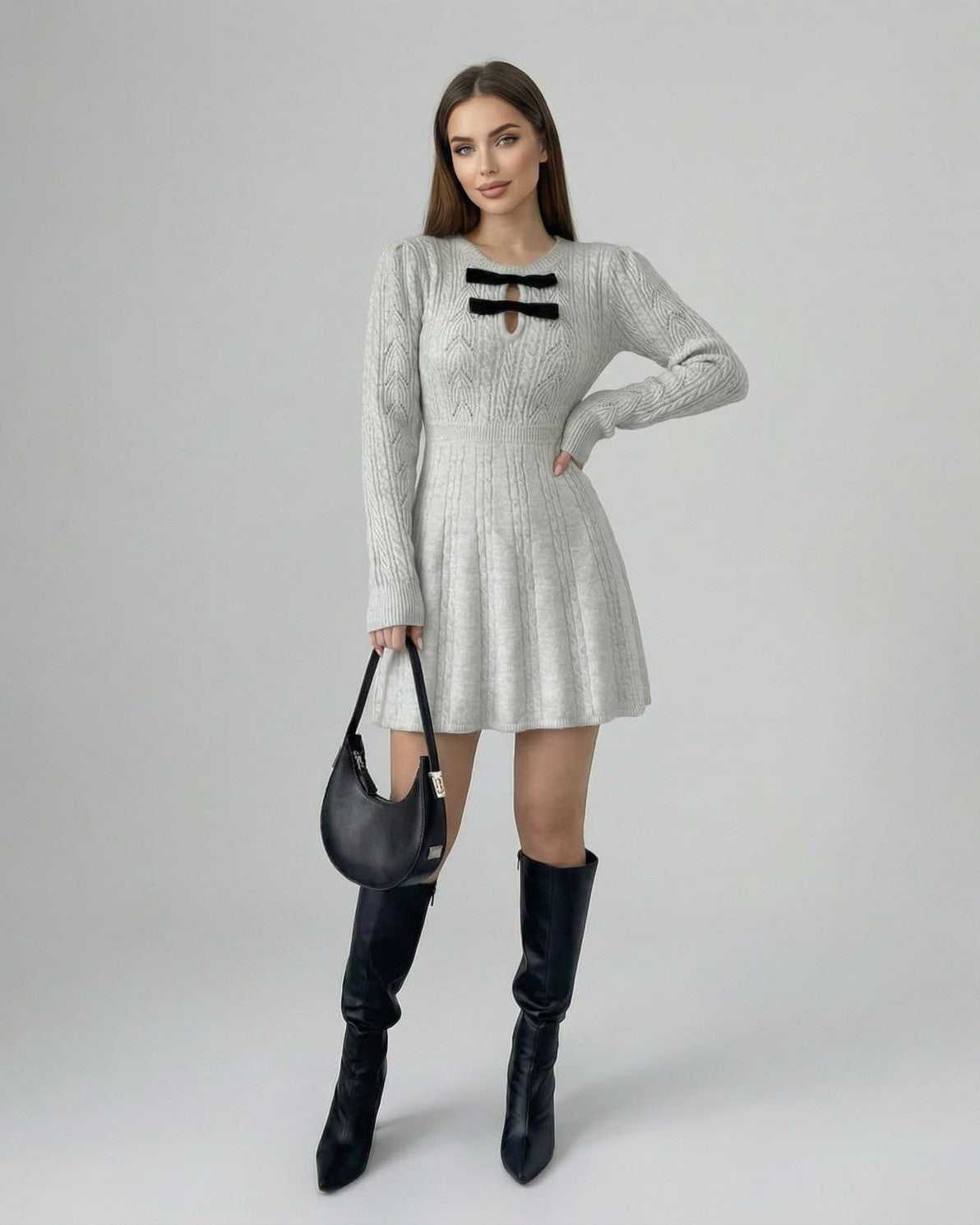Elara Mini Dress by Lauven, a long sleeve knit mini dress with bow detail in a stylish gray finish.