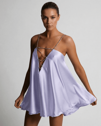 Elara Mini Dress by Lauven in luminous lavender with rhinestone spaghetti straps, featuring an elegant A-line silhouette.