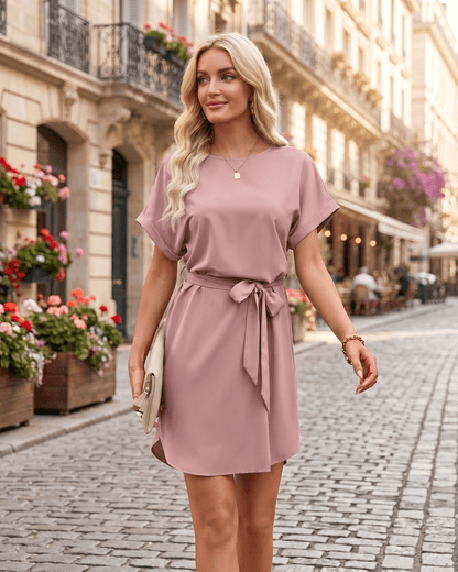 Elara Mini Dress in smooth woven fabric features a round neckline and self-tie waist belt by Lauven, perfect for a polished look.