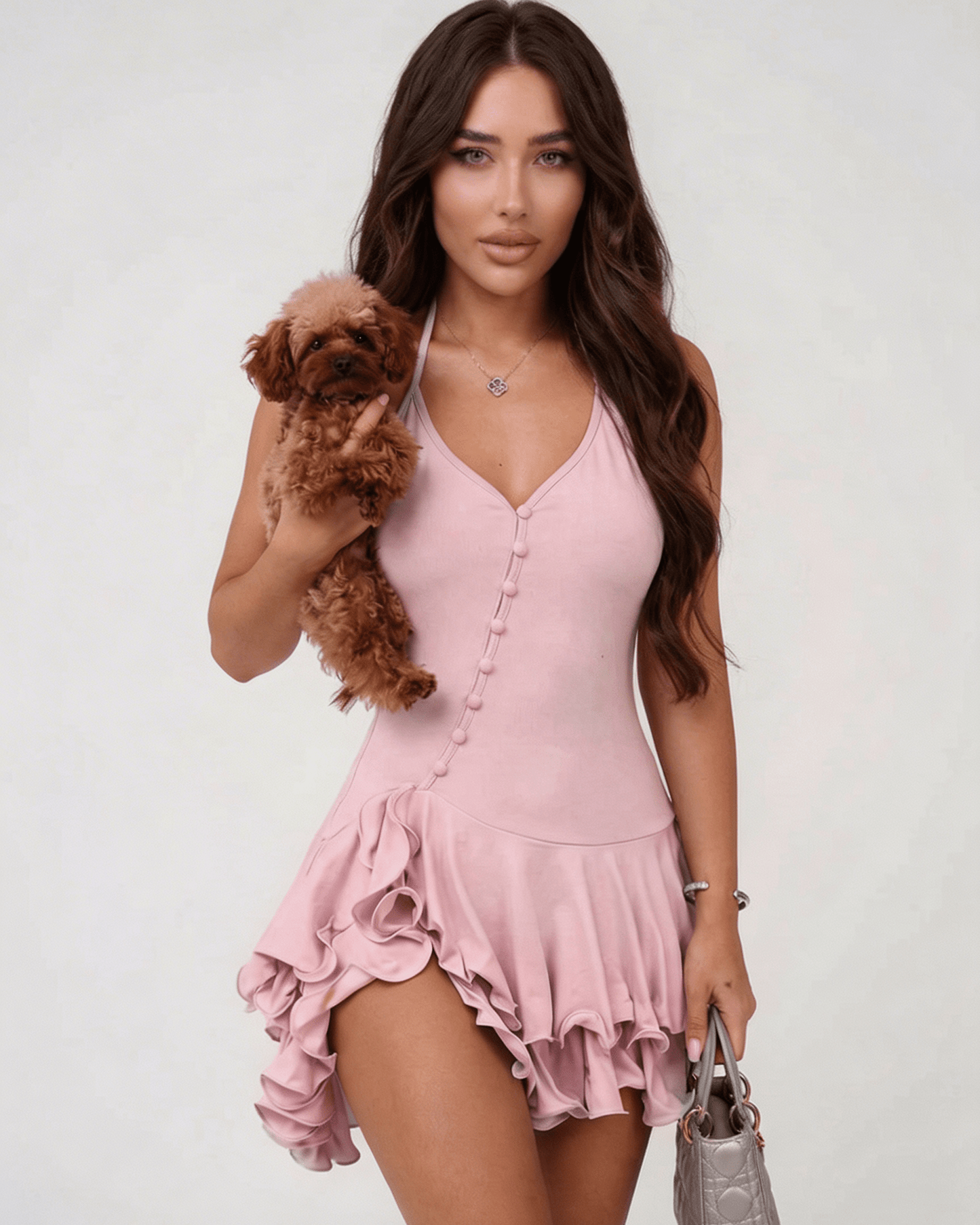 Elara Mini Dress by Lauven, pink ruffle hem halter neck dress, styled with a small dog.