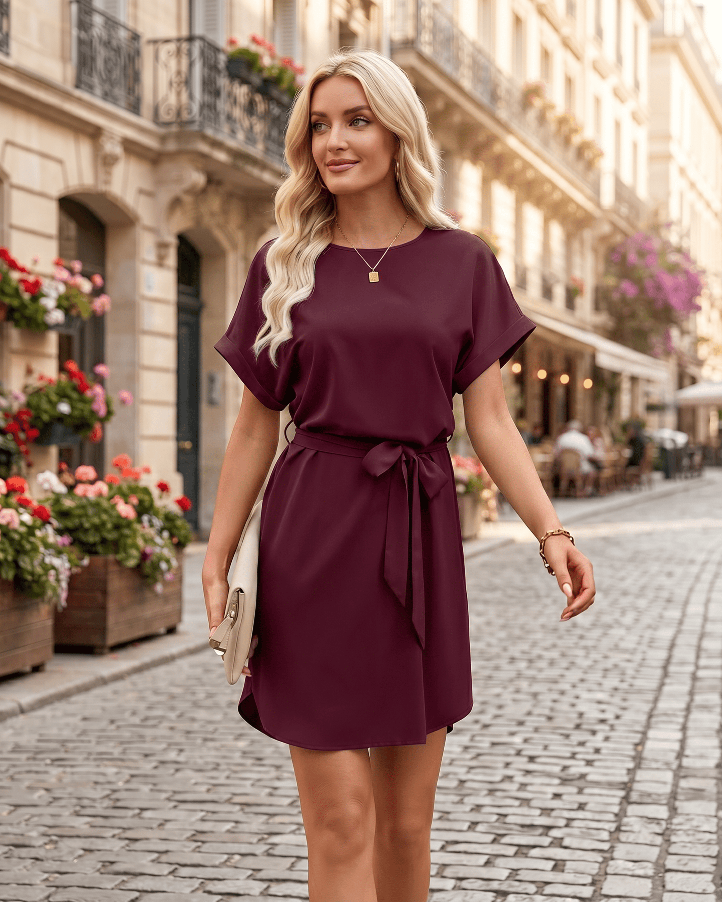 Elara Mini Dress - Smooth woven fabric, round neckline, relaxed bodice with self-tie belt. Lauven brand elegance.
