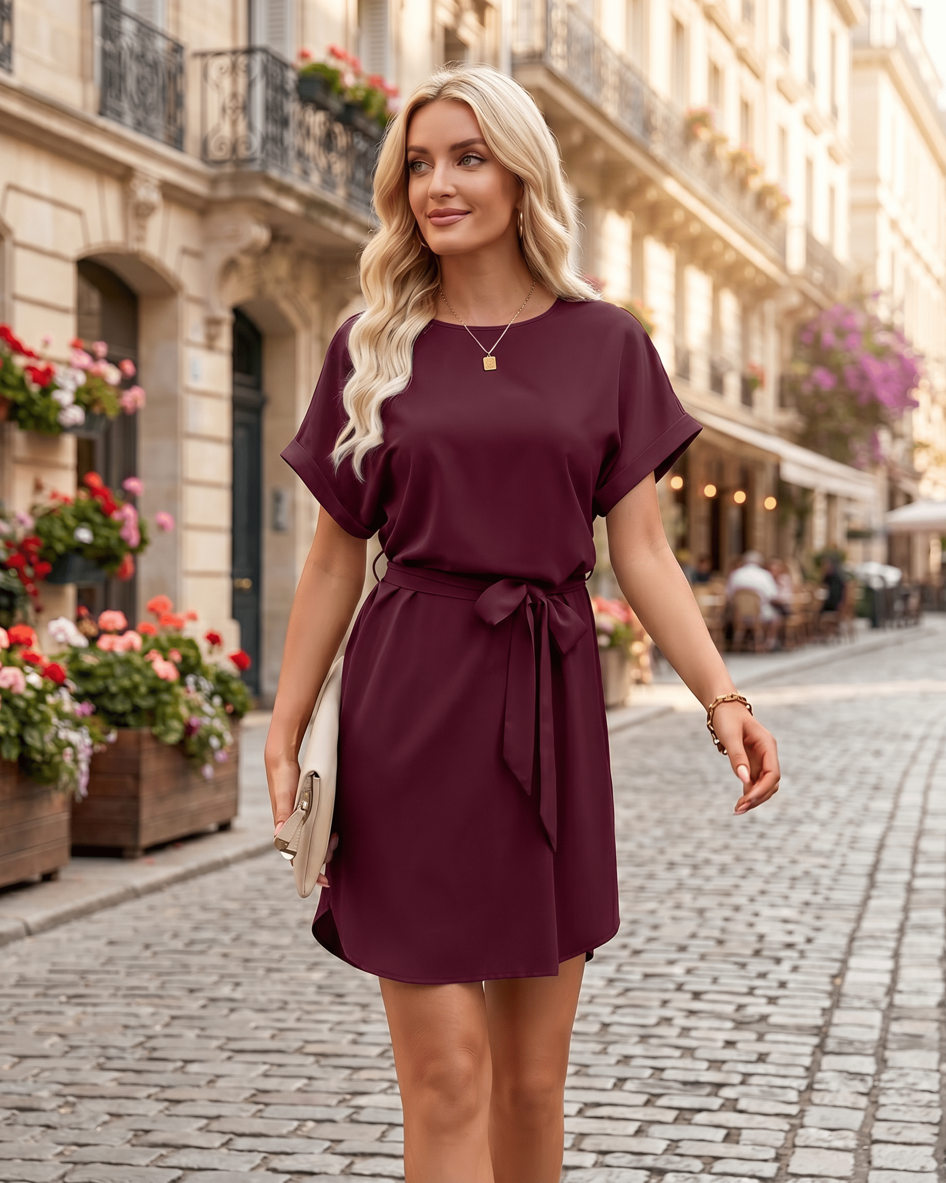 Elara Mini Dress - Smooth woven fabric, round neckline, relaxed bodice with self-tie belt. Lauven brand elegance.