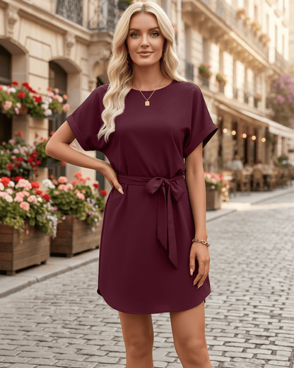 Elara Mini Dress in rich burgundy, featuring a round neckline and self-tie waist belt, by Lauven for a polished look.