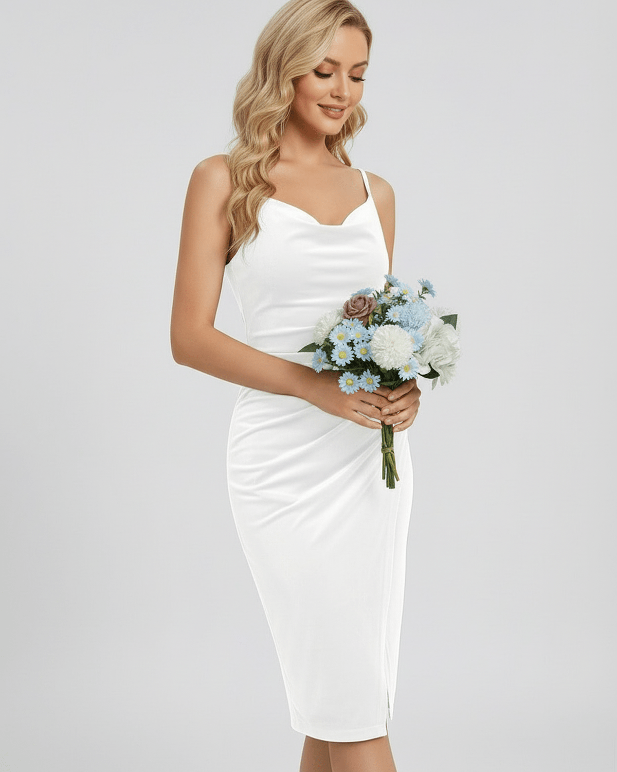 Elara Mini Dress with elegant cowl neck, sleek sheath silhouette, and bouquet, by Lauven.