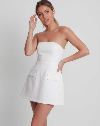 Elara Mini Dress showing a model in a strapless, structured A-line design, crafted by Lauven.