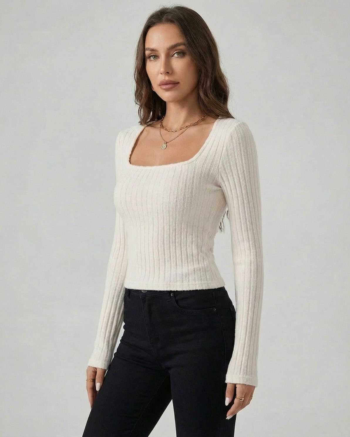 Elara Pullover by Lauven – Women’s white ribbed knit sweater, featuring structured square neckline and long sleeves.