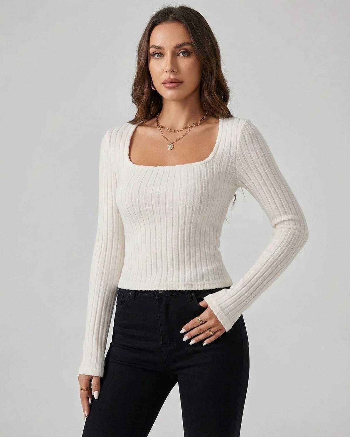 Elara Pullover - Women’s white ribbed knit pullover sweater from Lauven with long sleeves and square neckline.
