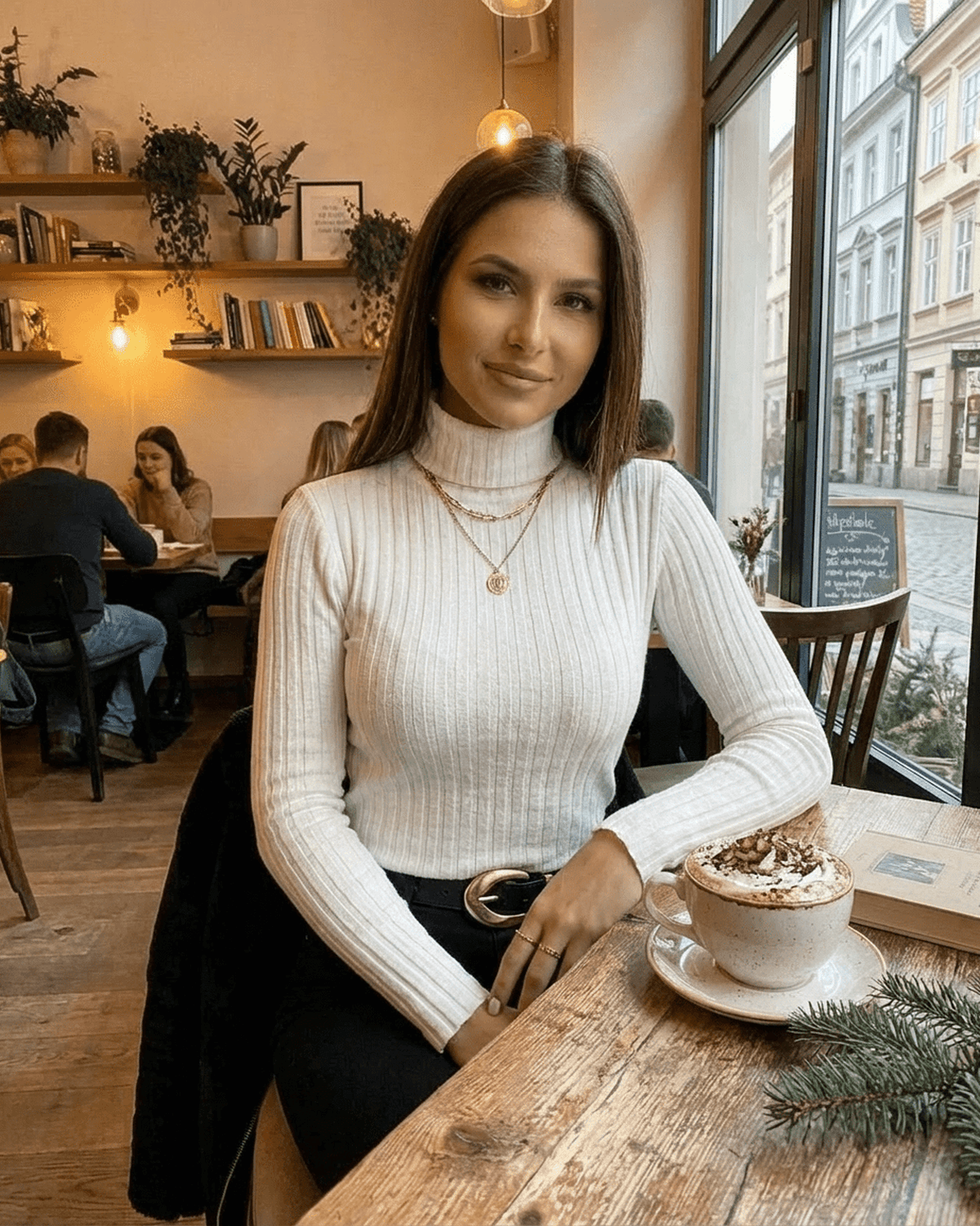 Model wearing an Elara Sweater by Lauven, a cozy ribbed turtleneck, sitting in a café with a coffee.