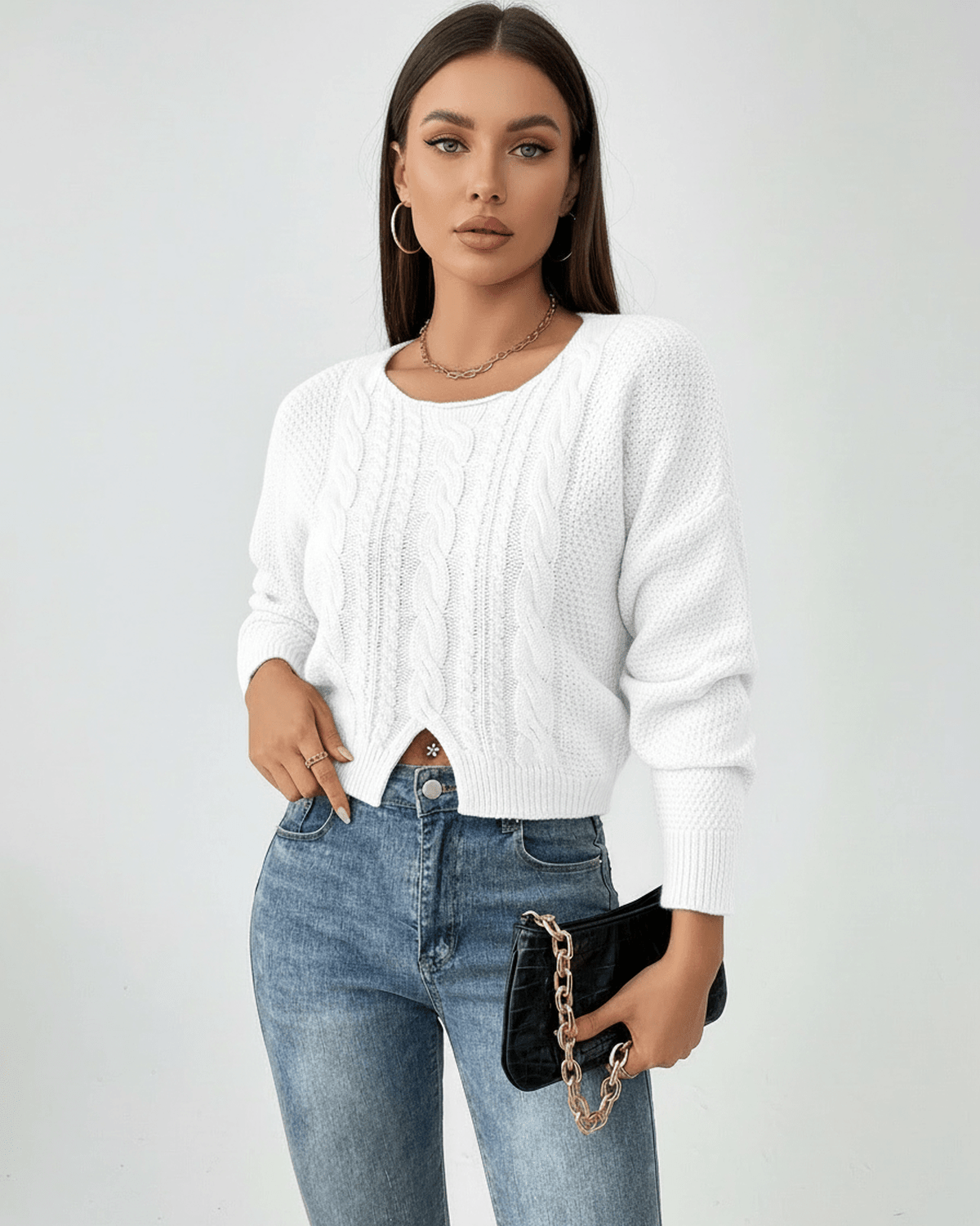 Elara Sweater by Lauven – Women's cable knit sweater with modern cropped fit in white.