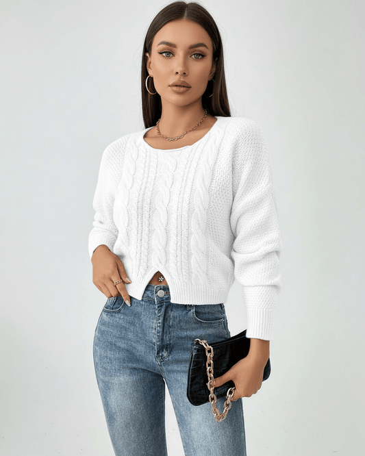Elara Sweater by Lauven – Women's cable knit sweater with modern cropped fit in white.