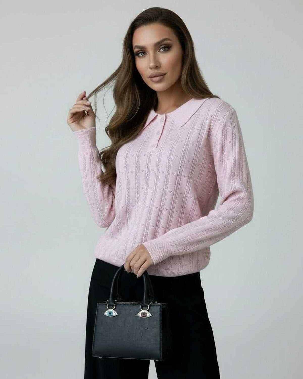 Elara Sweater by Lauven, a women's pink collared knit sweater with elegant long sleeves.