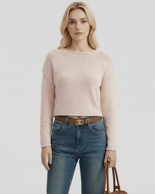 Elara Sweater from Lauven - Women's pink lightweight knit sweater featuring a relaxed silhouette and round neckline.