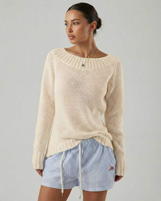 Elara Sweater by Lauven – Women’s beige boat neck sweater with rib knit detail, perfect for effortless sophistication.