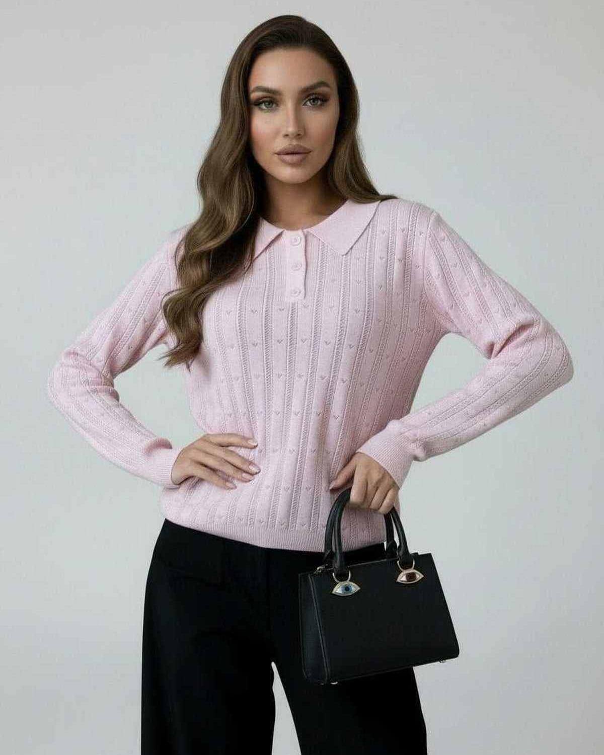 Elara Sweater by Lauven — Women’s pink collared knit sweater, elegant long sleeves, perfect for modern wardrobes.