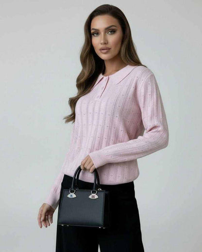 Elara Sweater by Lauven - Women's pink collared knit sweater with elegant long sleeves.