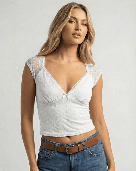 Elara Top by Lauven, a white lace V neck short sleeve women's top designed for elegance and comfort.