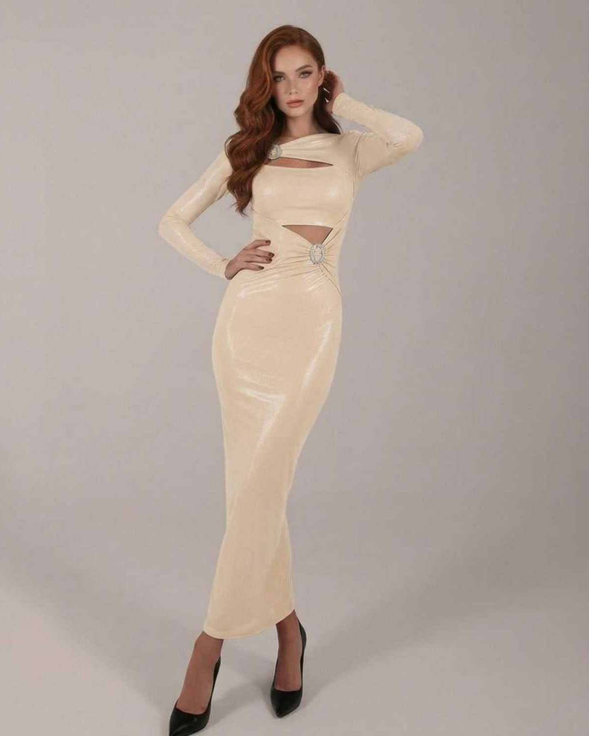 Elaris Maxi Dress in beige features long sleeves, cut-out detail, metallic accent, sleek silhouette by Lauven.