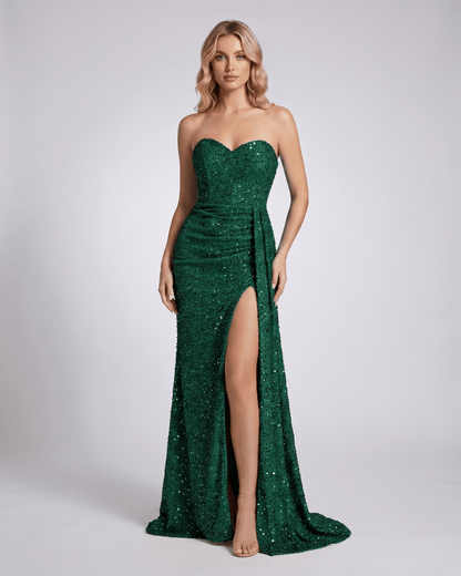 Elaris Maxi Dress in emerald green, strapless, fully embellished with sequins, bodycon silhouette by Lauven.