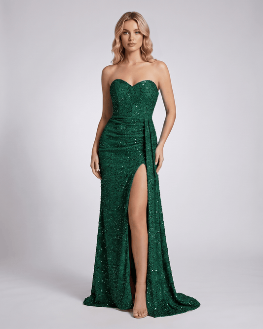 Elaris Maxi Dress in emerald green, strapless, fully embellished with sequins, bodycon silhouette by Lauven.