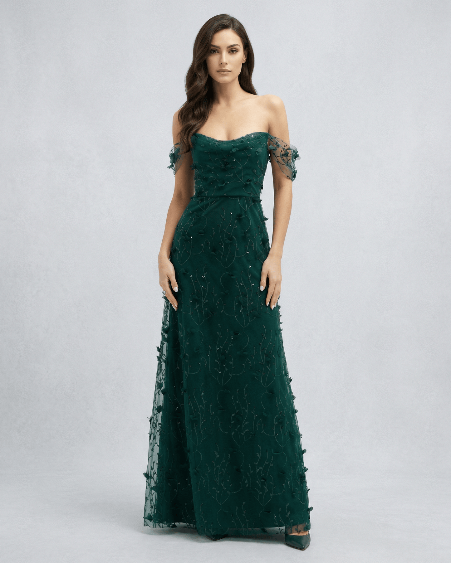 Elaris Maxi Dress – Green Lace Maxi Dress with Off Shoulder Tulle Sleeves by Lauven, perfect for elegant evenings.