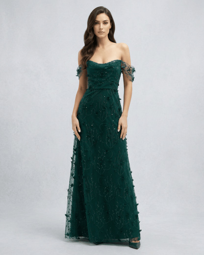 Elaris Maxi Dress – Green Lace Maxi Dress with Off Shoulder Tulle Sleeves by Lauven, perfect for elegant evenings.