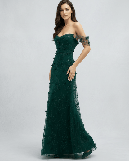 Elaris Maxi Dress – green lace and tulle off shoulder evening gown by Lauven, featuring delicate embroidery.
