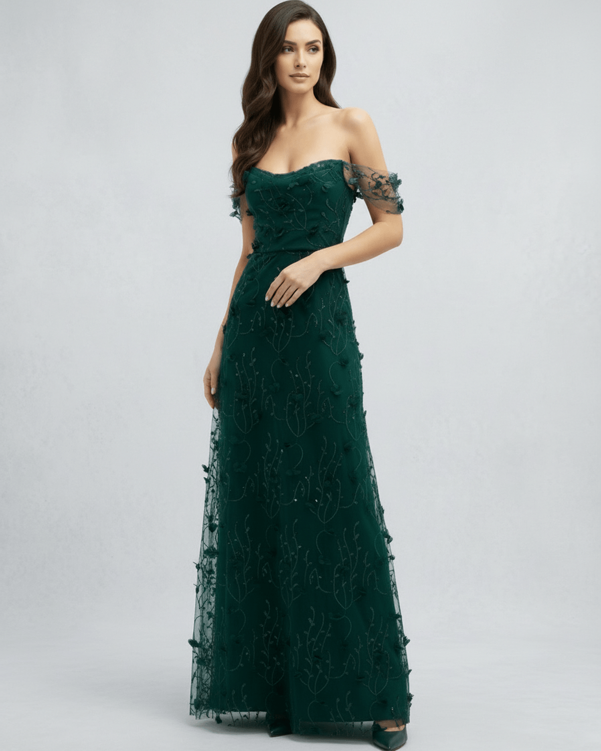 Elaris Maxi Dress: Green lace maxi dress with off shoulder tulle sleeves and embroidered detailing by Lauven.