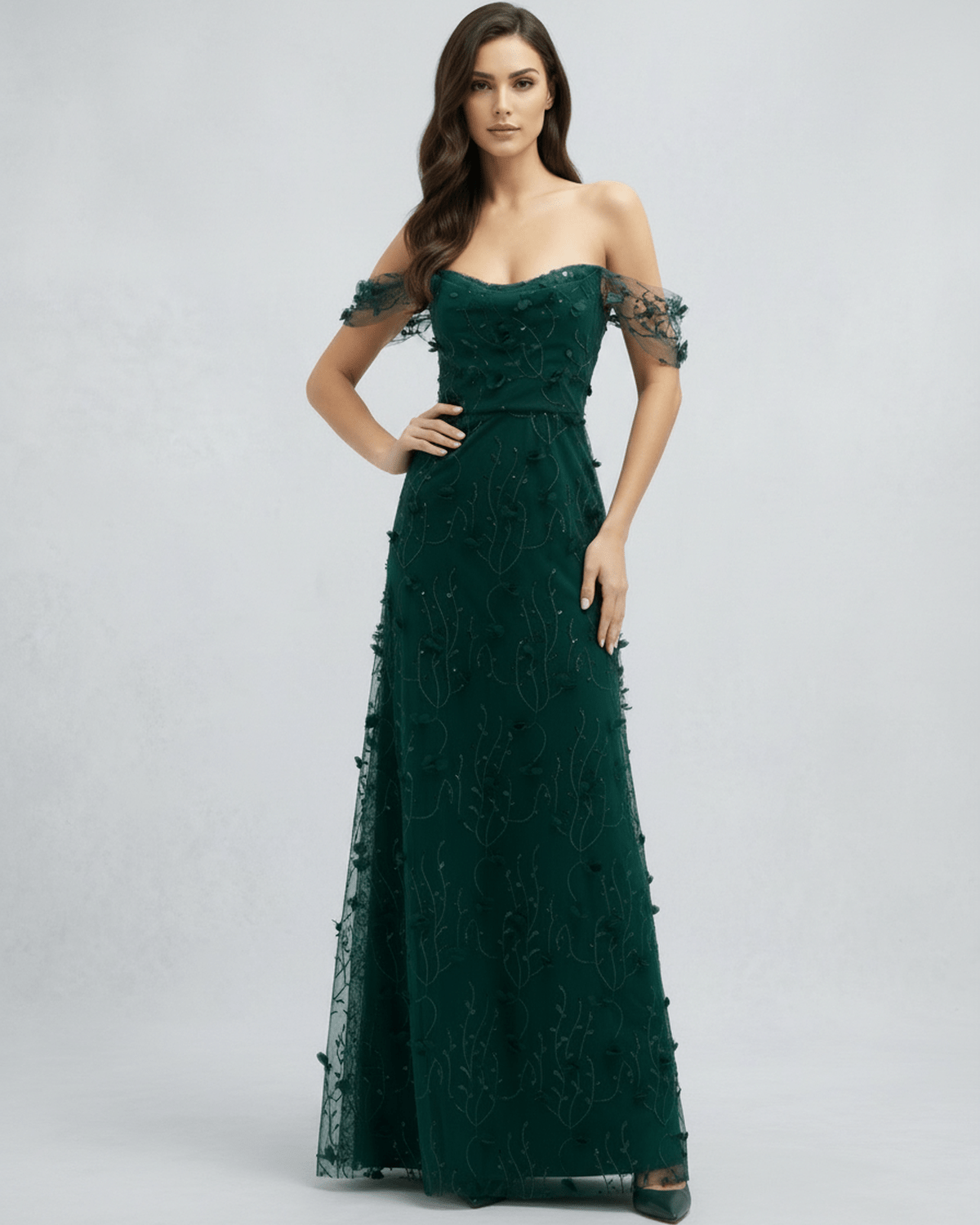 Elaris Maxi Dress - Green lace maxi dress with off shoulder tulle sleeves by Lauven, offering a romantic and ethereal look.