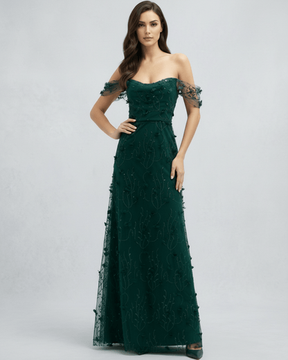 Elaris Maxi Dress - Green lace maxi dress with off shoulder tulle sleeves by Lauven, offering a romantic and ethereal look.