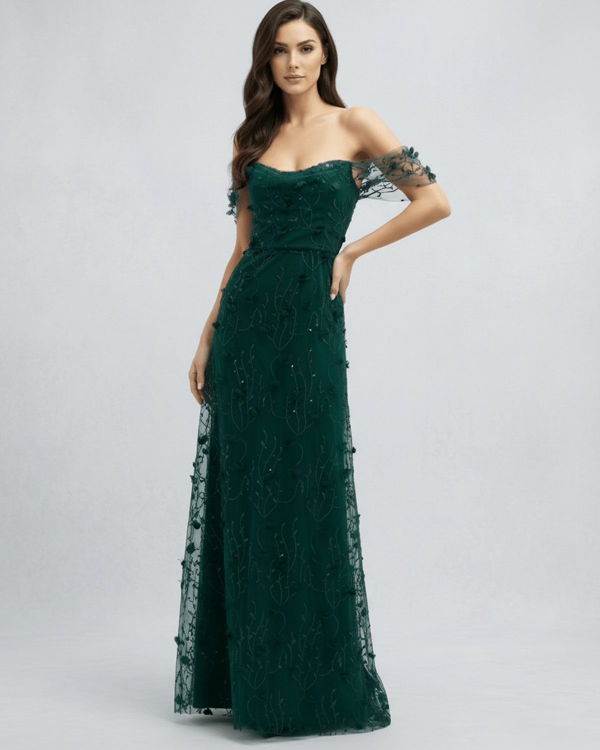 Elaris Maxi Dress featuring green lace, off shoulder tulle sleeves, and refined detailing by Lauven.