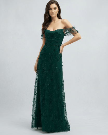 Elaris Maxi Dress featuring green lace, off shoulder tulle sleeves, and refined detailing by Lauven.