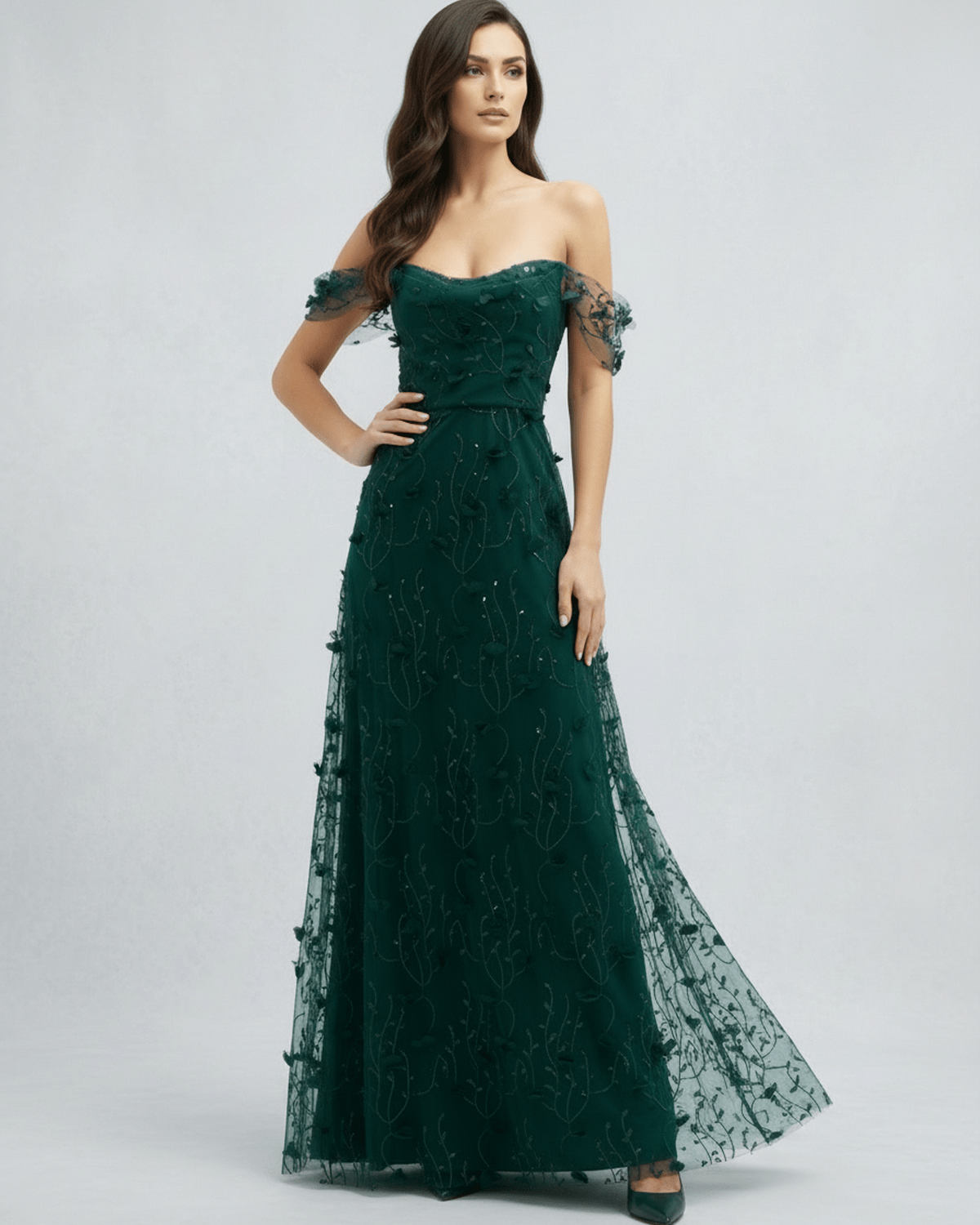 Elaris Maxi Dress - Green lace with off shoulder tulle sleeves, romantic evening silhouette by Lauven.