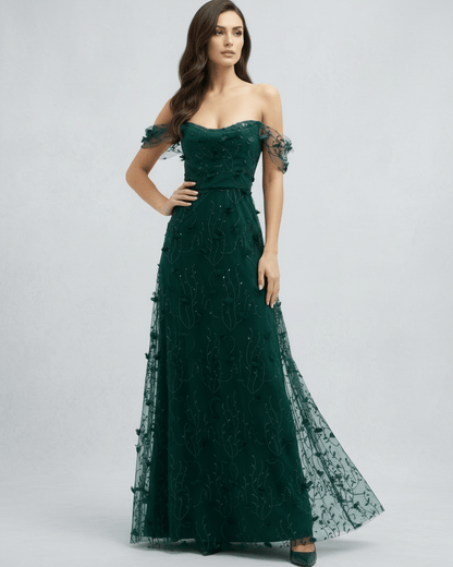 Elaris Maxi Dress - Green lace with off shoulder tulle sleeves, romantic evening silhouette by Lauven.