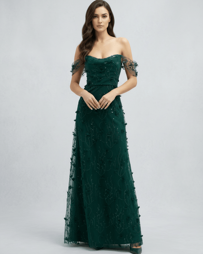 Elaris Maxi Dress - Green lace with off shoulder tulle sleeves, elegant evening silhouette by Lauven.