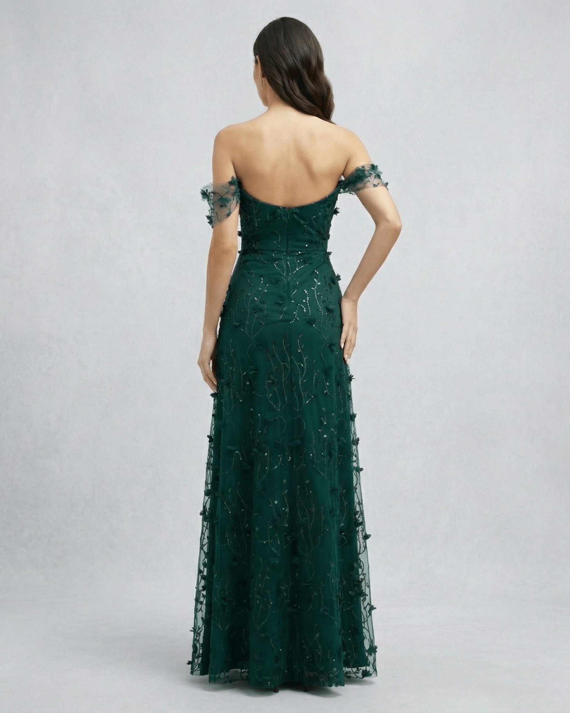 Elaris Maxi Dress - Green Lace Maxi Dress with Off Shoulder Tulle Sleeves by Lauven, showcasing a romantic evening silhouette.