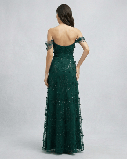 Elaris Maxi Dress - Green Lace Maxi Dress with Off Shoulder Tulle Sleeves by Lauven, showcasing a romantic evening silhouette.