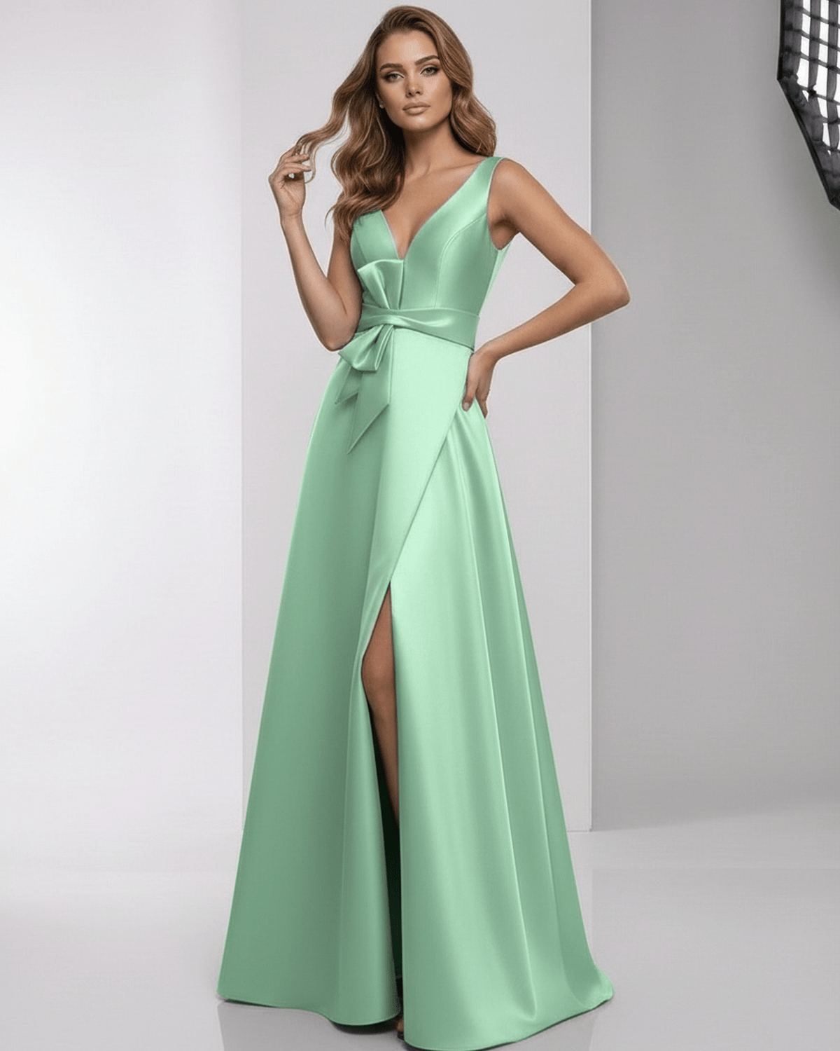 Elaris Maxi Dress in soft mint green satin with A-line silhouette and modern wrap detail by Lauven.