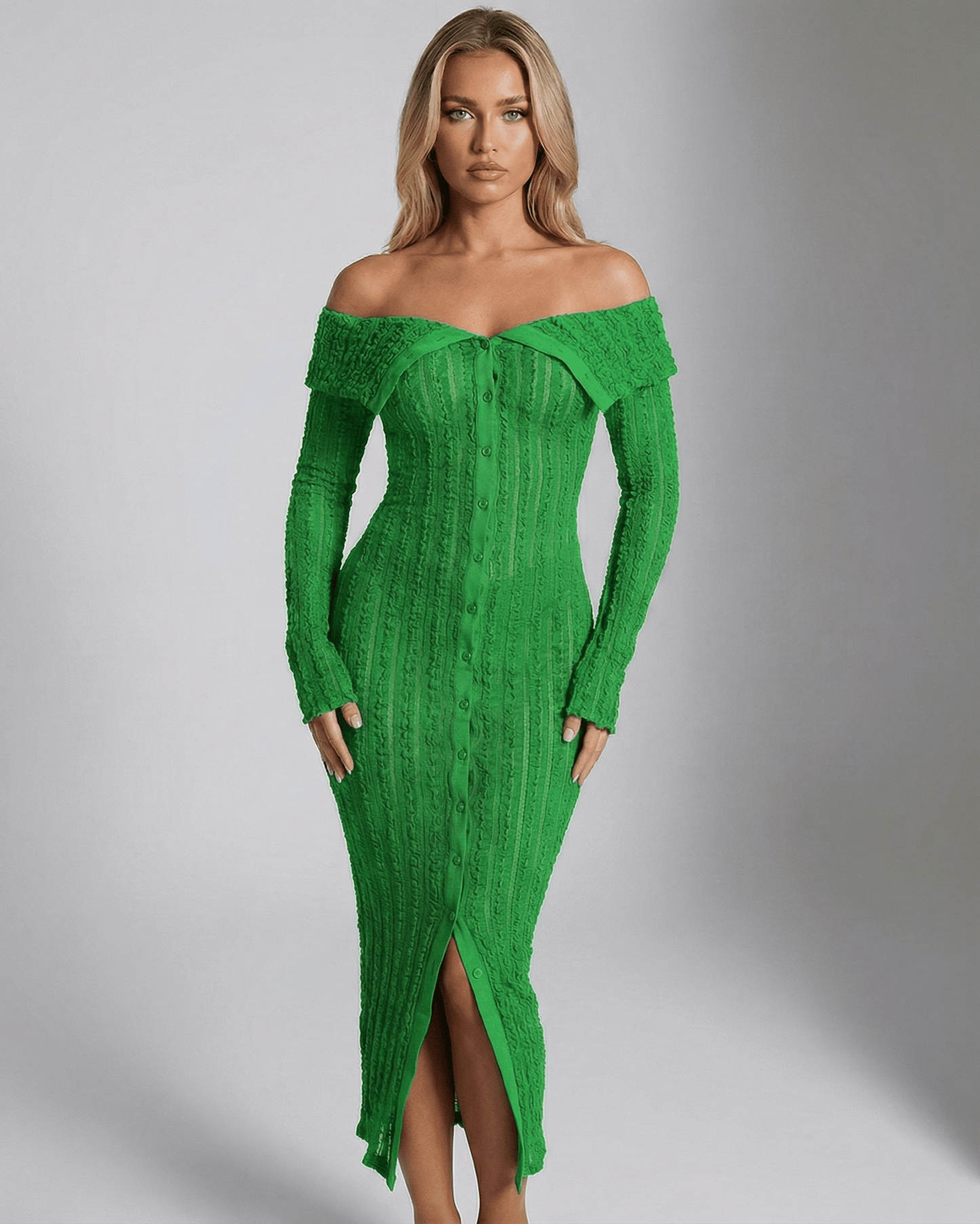 Elaris Midi Dress – Green off shoulder bodycon dress with button front, long sleeves, perfect for an elegant evening look by Lauven.