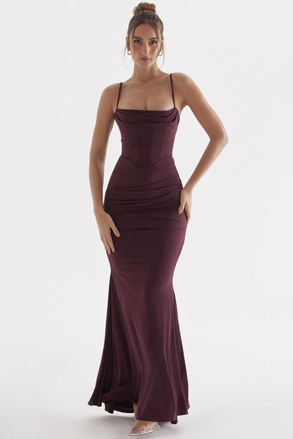 Elegant burgundy satin bodycon maxi dress with cowl neckline and adjustable straps, perfect for formal occasions.