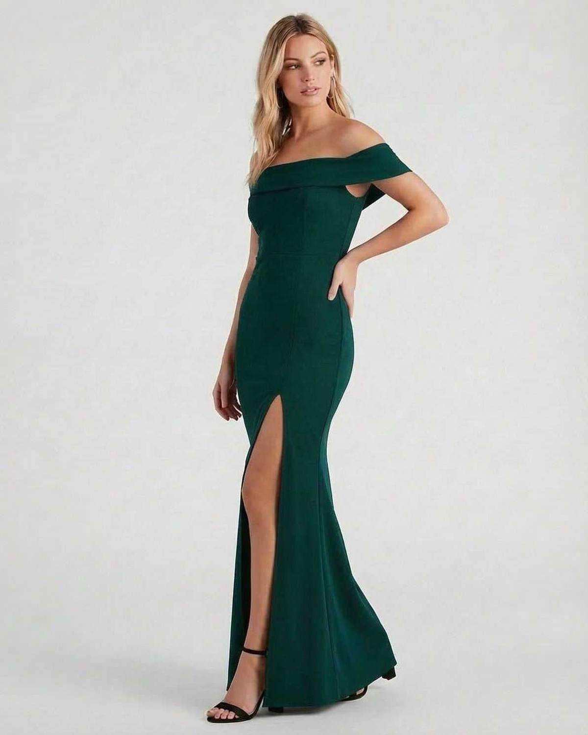 Emerald Maxi Dress by Lauven, featuring an elegant off-the-shoulder design and high slit for sophisticated occasions.