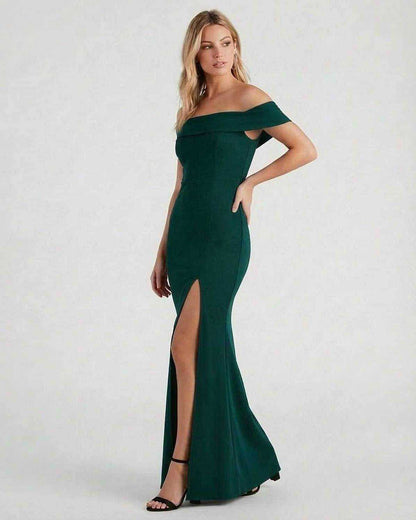 Emerald Maxi Dress by Lauven, featuring an elegant off-the-shoulder design and high slit for sophisticated occasions.